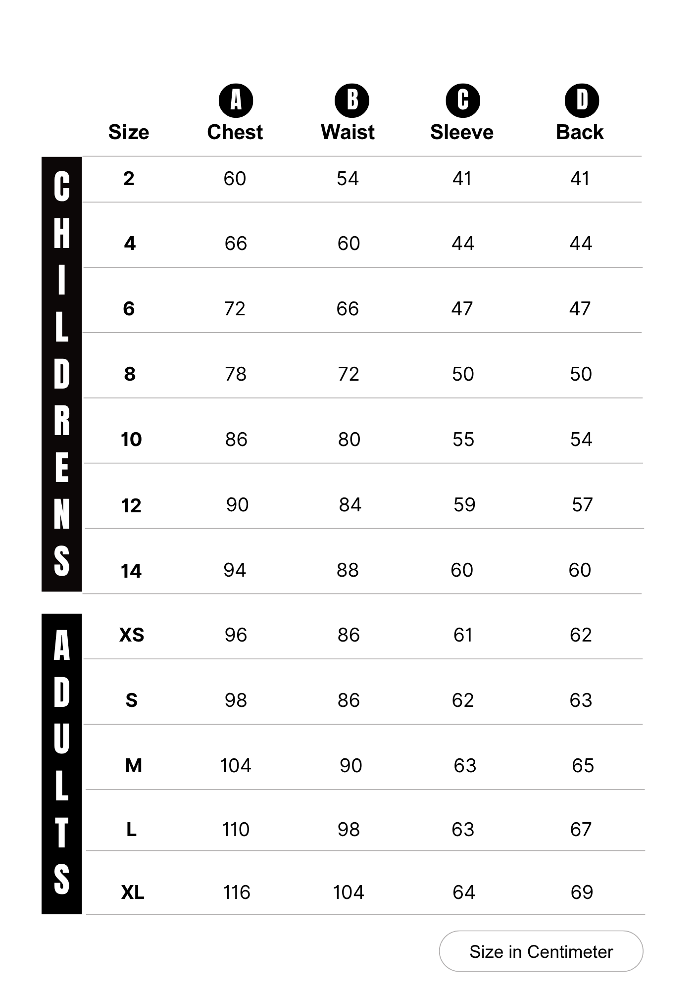 EMG jacket size chart